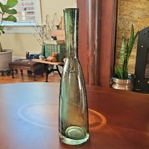 Beautiful Handblown Green Bullicante Glass Bottle, Vase, Candle Holder